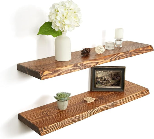 32 Inch Wooden Floating Shelves for Wall Set of 2, Finnish Spruce Solid Wood Shelf, Natural Wood Floating Shelves for Living Room, Bathroom, Bedroom, Kitchen, Brown Finish