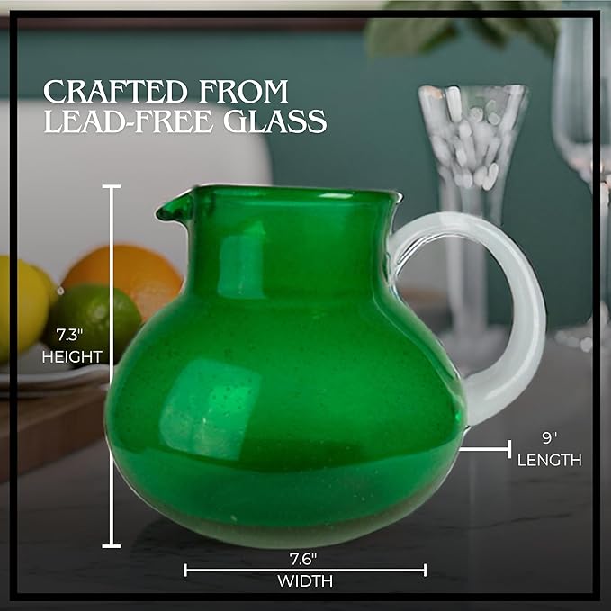 ARTLAND Iris 90oz Handcrafted Pitcher & 14oz Double Old Fashion Glasses (Set of 4) - Lead-Free Bubble Drinkware for Elegant Dining & Serving - Ideal for Water, Cocktails, Juice, Gatherings (Green)