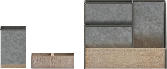 Merrick Lane Cecil 3 Piece Metal and Wood Organizer Set - Galvanized Metal and Rustic Wood - For Desktop, Countertop, or Vanity