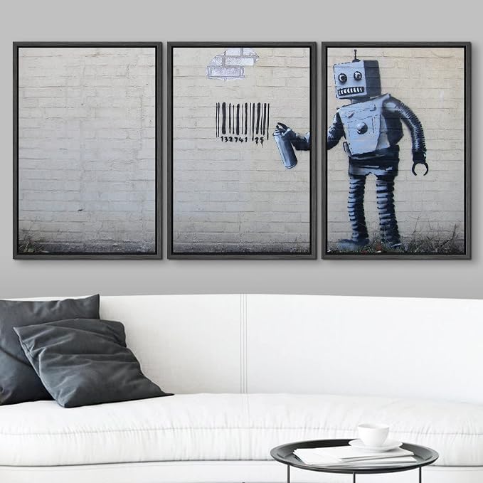 wall26 - Robot Graffiti Banksy Street - Framed Canvas Art Wall Art - 16"x24"x3 Black