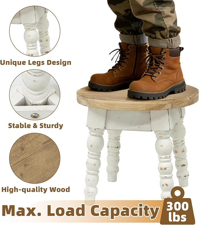 Wooden Step Stool for Kids Adults, Farmhouse Step Stool or Plant Stand Indoor, Portable and Sturdy Versatile Foot Stools for Bathroom, Bedroom, Office, Kitchen, Plant Stand (Round)