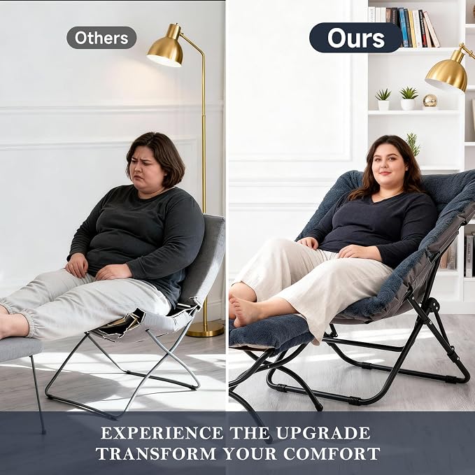Furlide Saucer Chair with Ottoman, Comfy Doorm Chairs, Oversized Folding Faux Fur Chair, Foldable Metal Frame Chair for Bedroom, Living Room(Navy Blue)
