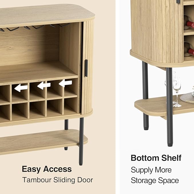 FiveWillowise Coffee Bar Cabinet with Storage, Fluted Wine Cabinet with Sliding Door, Glass Holder and Wine Rack, Buffet Sideboard Liquor Cabinet for Kitchen, Dining Room, Living Room, Natural