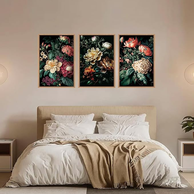 FWIEXA Moody Floral Wall Art Canvas Set, Framed Dark Botanical Wall Painting, Large Black Academia Wall Painting, Academia Art Print 3 Piece 16x24 Inches for Living Room, Bedroom, Office