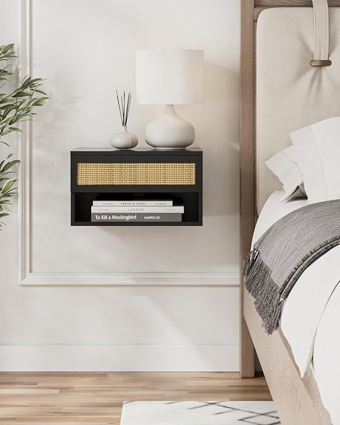 Floating Nightstand With Drawer - Small Modern Shelves for Bedroom, Bathroom (Black Rattan)