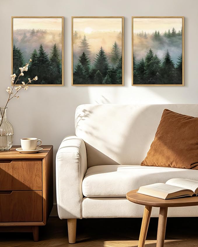 KUVIOKE Sun Dawn Fog Pine Tree Framed Wall Art Morden Nature Nordic Forests Artwork Bedroom Decor 12x16in (Natural Framed)