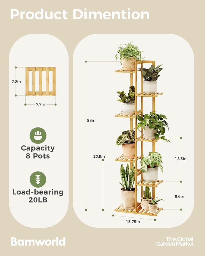 Bamworld Bamboo Plant Stand Indoor 7 Tiered Plant Shelf Outdoor Corner Plant Rack for Multiple Plants Flower Stand Plant Holder for Living Room Bedroom Balcony Patio Garden 55 Inch Natural