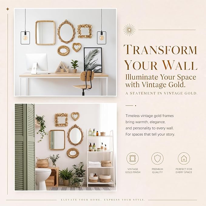 5 Pcs Vintage Gold Mirror Luxury Set Small Gold Mirrors Gallery Wall Mirror Hanging Antique Art Decor for Wall Living Room Entryway Assorted Sizes (11in/8in/6in/4in,Cute Style)