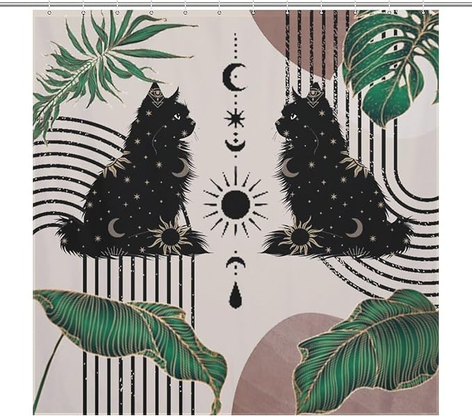 Boho Mid Century Cat Shower Curtain Retro Moon Star Leaves Black Cat Geometric 70s Vintage Waterproof Shower Curtains for Bathroom Decor 12 Pack Hooks 72x72in (183x183cm)