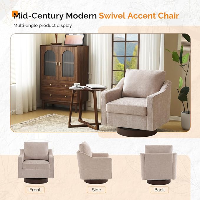 VINGLI Mid-Century Modern Swivel Accent Chairs Set of 2, 360°Upholstered Armchairs, Home Sofa with Track Arms for Living Room, Bedroom, Reading Room, Club Swivel Chairs, Chenille Khaki