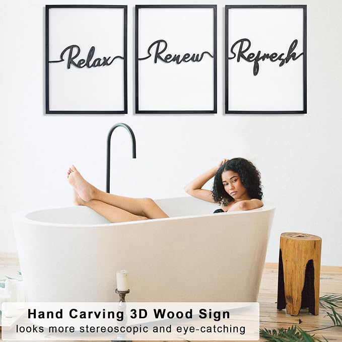 3D Wood Wall Art, 36" x 16" Framed Black and White Decor, 3D Bathroom Pictures for Wall Decor (Ready to Hang, Set of 3, Framed)