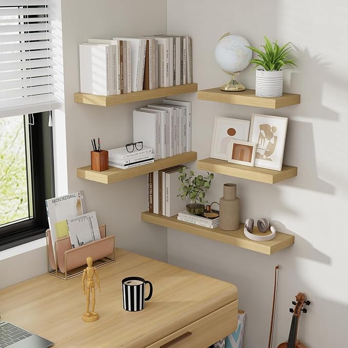 55 Inch Floating Shelves, 8 Inch Deep Floating Shelves for Wall, Hanging Shelf with Invisible Brackets, Deep Shelves for Bathroom, Bedroom, Living Room, Oak, Set of 2