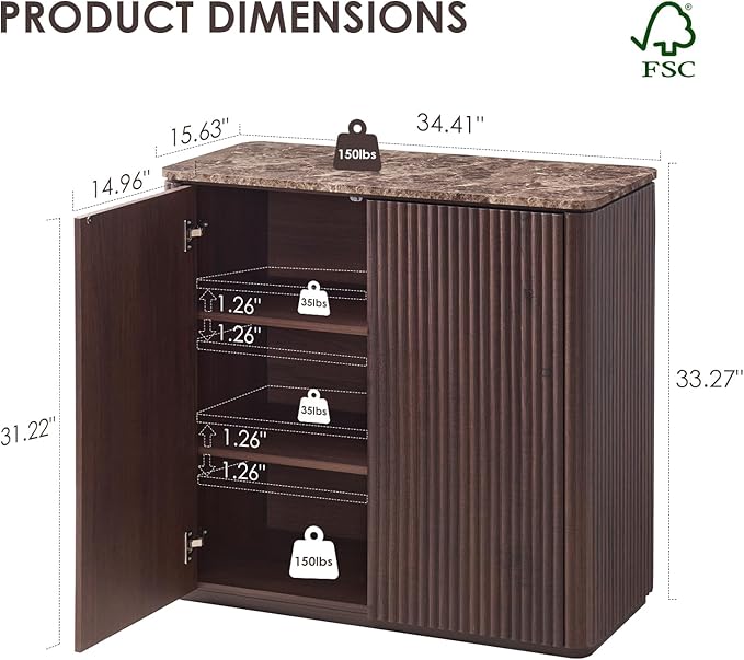 Fluted 2 Doors Sideboard Cabinet with Storage-Wooden Credenza w/Shelves, Faux Marble-Top Coffee Bar Console Table, Modern Buffet Cabinet for Dining, Kitchen, Living Room, Entryway, Dark Oak, 3pcs