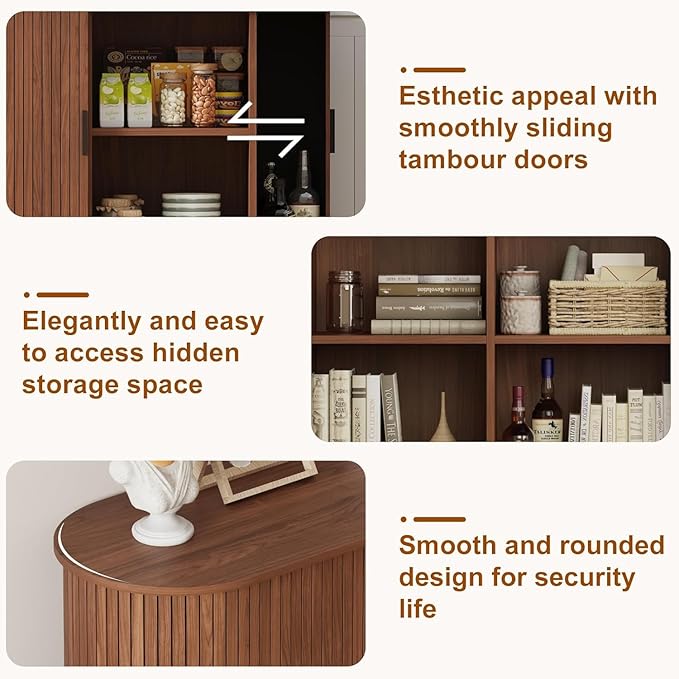 Fluted Sideboard Buffet Cabinet with Sliding Doors, Curved Edge Design for Dining Room Kitchen Living Room, 47" Console Table Credenza with Storage (Walnut)