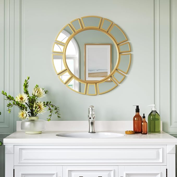 CozyDH Gold Sunburst Mirror Decor - 24 inch Round Wall Mirror Decorative with Metal Frame Modern Bohemian Sun Art Decor Mirror for Entryway Bedroom Living Room Hallway Bathroom Dining Room Fireplace