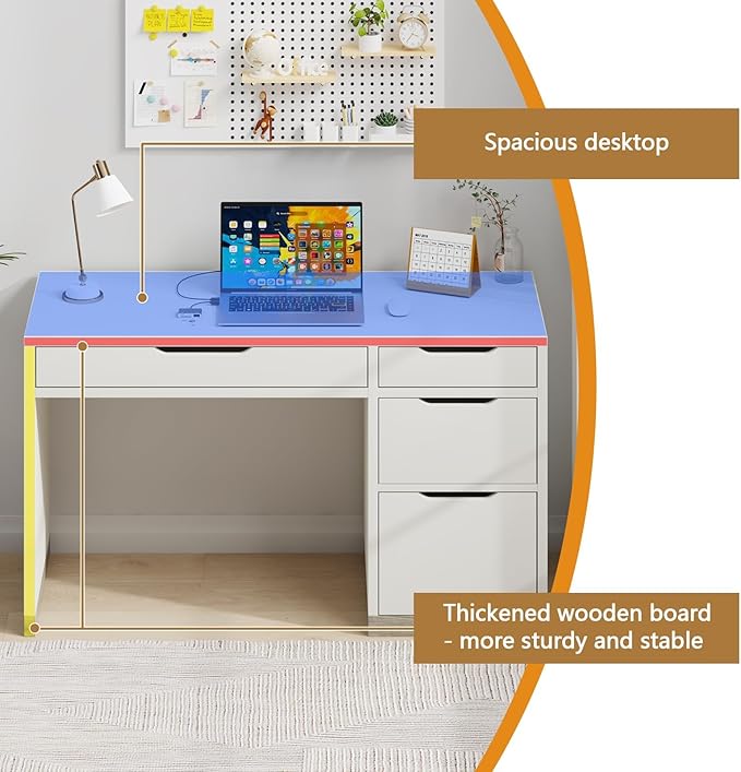 MaverickFurni White Desk with 4 Drawers, 52 Inch Modern Computer Desk with Storage for Bedroom, Home Office Writing Desk for Small Spaces, Minimalist White Writing Desk