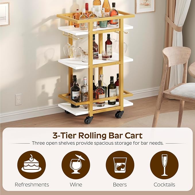 YATINEY 3 Tier Bar Cart, Home Bar Serving Cart with Wheels, Drink Cart with Glass Holder, Beverage Cart, Mobile Kitchen Cart, for Home, Garden, Party, Gold BC09DW