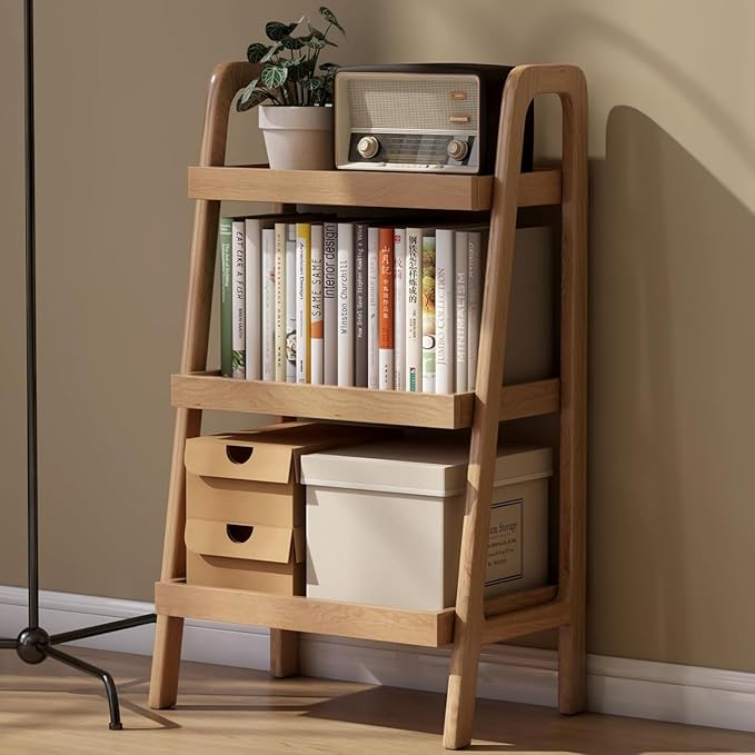 100% Solid Oak 3 Tier Ladder Shelf for Saving Space, Small Bookshelf with Stable Frame, Free Standing Ladder Shelves for Living Room Bedroom Couch, (Natural, 17.72" W x 12.6" L x 31.5" H)
