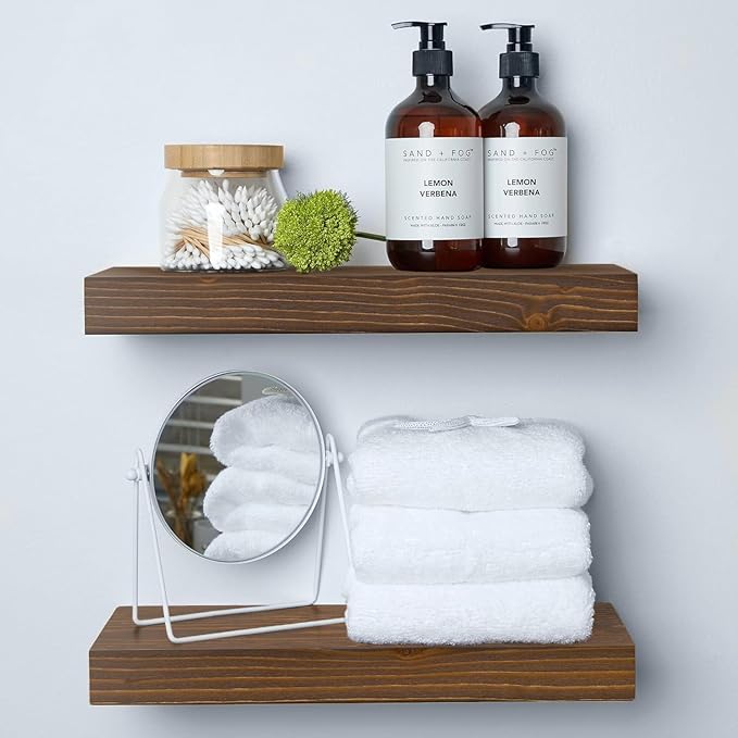 Homeforia Classic Walnut 16 inch Floating Shelf, High End Solid Real Wood Small 16inch Floating Shelves for Wall Mounted, 16in Floating Shelves, Heavy Duty Bracket, 16 X 6.5 X 1.75 inches, Set of 2