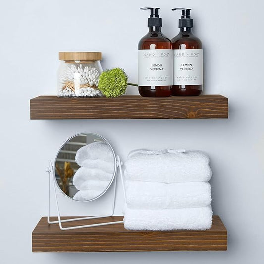 Homeforia Classic Walnut 16 inch Floating Shelf, High End Solid Real Wood Small 16inch Floating Shelves for Wall Mounted, 16in Floating Shelves, Heavy Duty Bracket, 16 X 6.5 X 1.75 inches, Set of 3