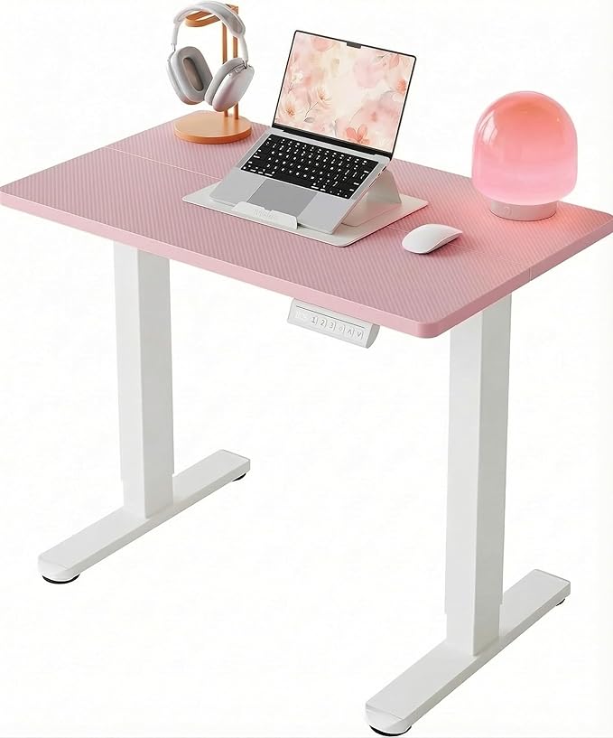 HUANUO 32" Small Electric Standing Desk Adjustable Height, 4 Memory Height Settings, Sit Stand Up Desk for Home Office & Computer Workstation, Pink