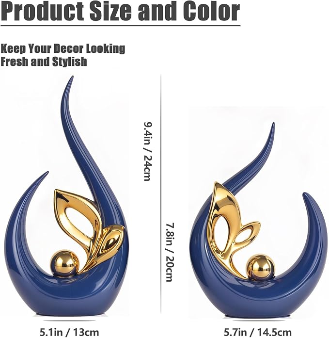 Navy Blue Gold Home Decor Accent,Abstract Ceramic Statue and Sculptures for Living Room,Mid Century Modern Decor for Desktop Bookshelf tv Stand Fireplace Coffee Table Centerpieces Decorations
