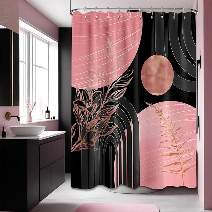 Black and Pink Shower Curtain Boho Mid Century Dark Pink and Gray Shower Curtains for Bathroom Decor, Waterproof Cloth Fabric with Hooks, 60" W x 72" L