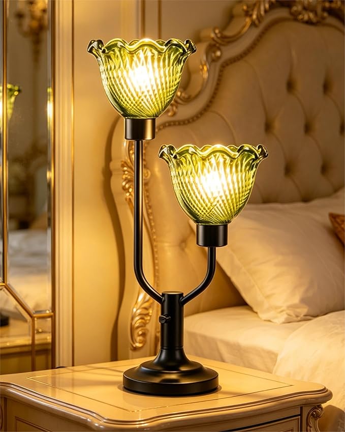 Lightdot Green Glass Flower Table Lamp for Bedroom Dimmable Mid Century Modern Vintage Desk Lamp Black Nightstand Lamp 2 Bulbs Included Warmwhite Ambient Bedside Lamp for Living Room Home Office Decor