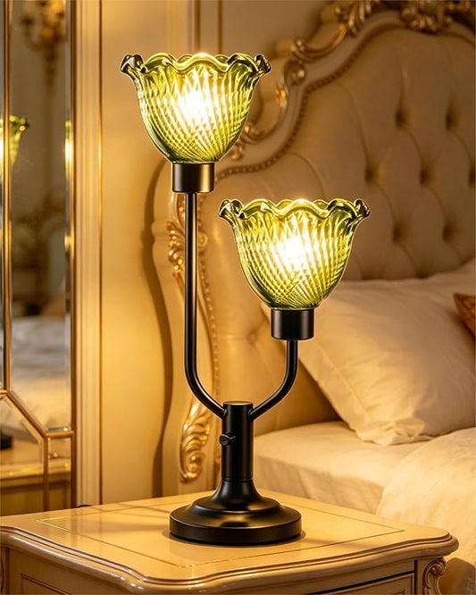Lightdot Green Glass Flower Table Lamp for Bedroom Dimmable Mid Century Modern Vintage Desk Lamp Black Nightstand Lamp 2 Bulbs Included Warmwhite Ambient Bedside Lamp for Living Room Home Office Decor