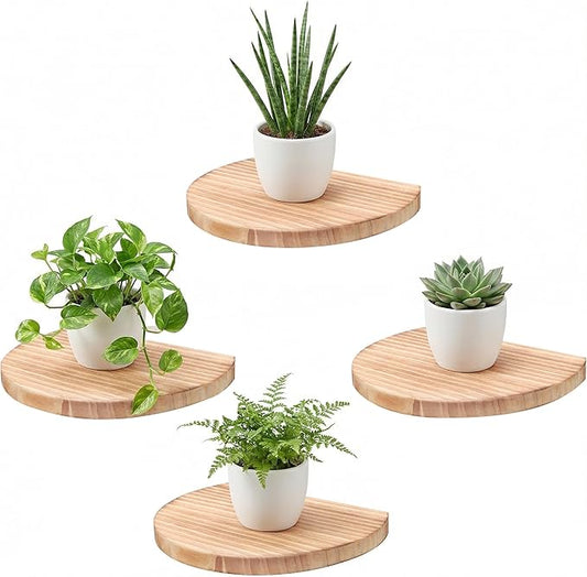 Small Wood Floating Shelves (4-Pack, 8-inch Diameter) - Round Sturdy Invisible Wall Mount Display for Small Plants,Toys,Bathroom,Living Room Storage & Modern Rustic Décor (Carbonized Brown)