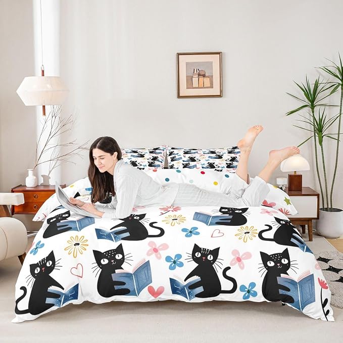 Erosebridal Kawaii Pet Cat Comforter Cover King Black Kitten Cat Lovers Bedding Set Trendy Preppy Florals Duvet Cover for Kids Girls Boys Adults Cute Animals Reading Aesthetic Bed Set