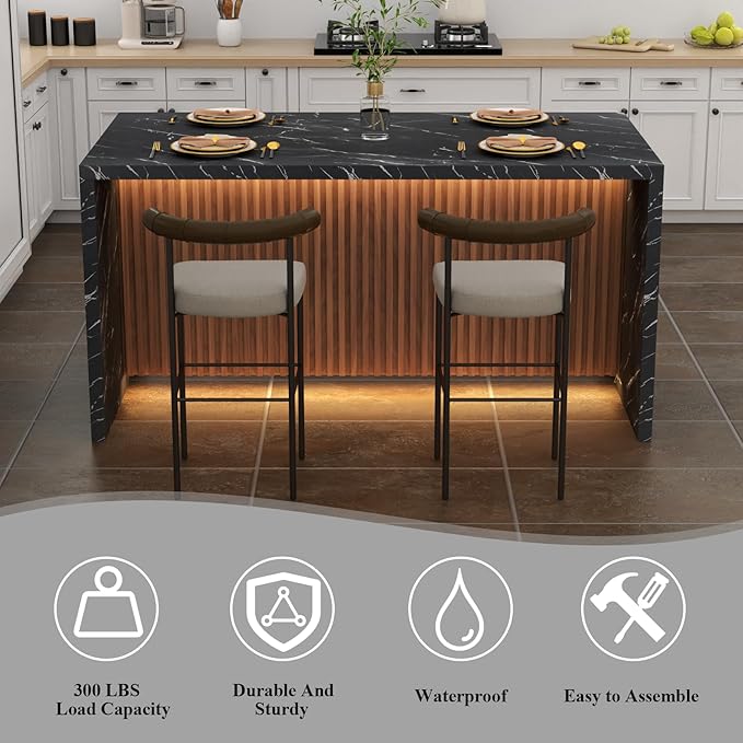 63" Large Imitation Marble Dining Table for 4-6 People(Patent Pending),Island Table with LED Lights,Mordern Marble Stripes Kitchen Dining Table with Grille design for Dining Room,Living Room (Black)