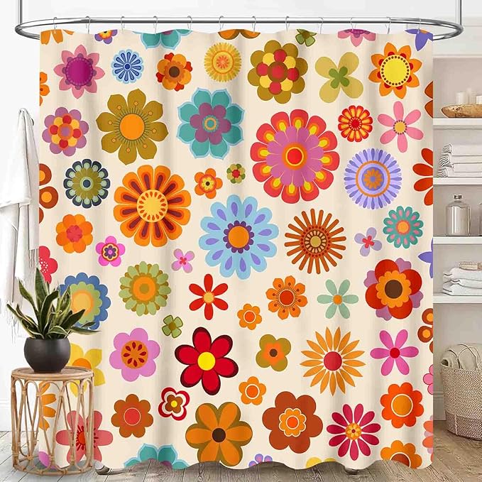 70s Shower Curtain, Vintage Retro Orange Daisy Floral Hippie Groovy Cute Flower Aesthetic Boho Funky Trippy Colorful Waterproof Fabric Bath Shower Curtain Set with Hooks, 72"x72" Inch