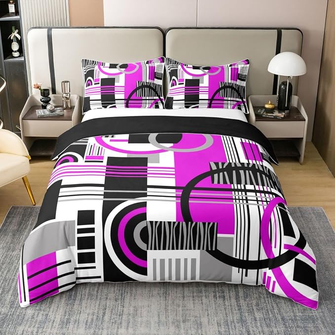 Erosebridal Art Deco Mid Century Duvet Cover Set Retro Modern Abstract Geometric 100% Cotton Comforter Cover Black and White Purple Circles Stripes Full Size Bedding Sets, Contemporary Bed Set