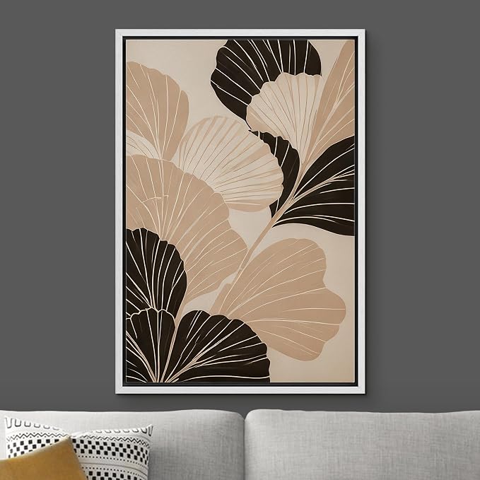 Woodrose Framed Canvas Print Wall Art Ginkgo Leaves Monochrome Nature Abstract Illustrations Modern Art Minimalist 3D Colorful Ultra for Living Room, Bedroom, Office - 16"x24" WHITE