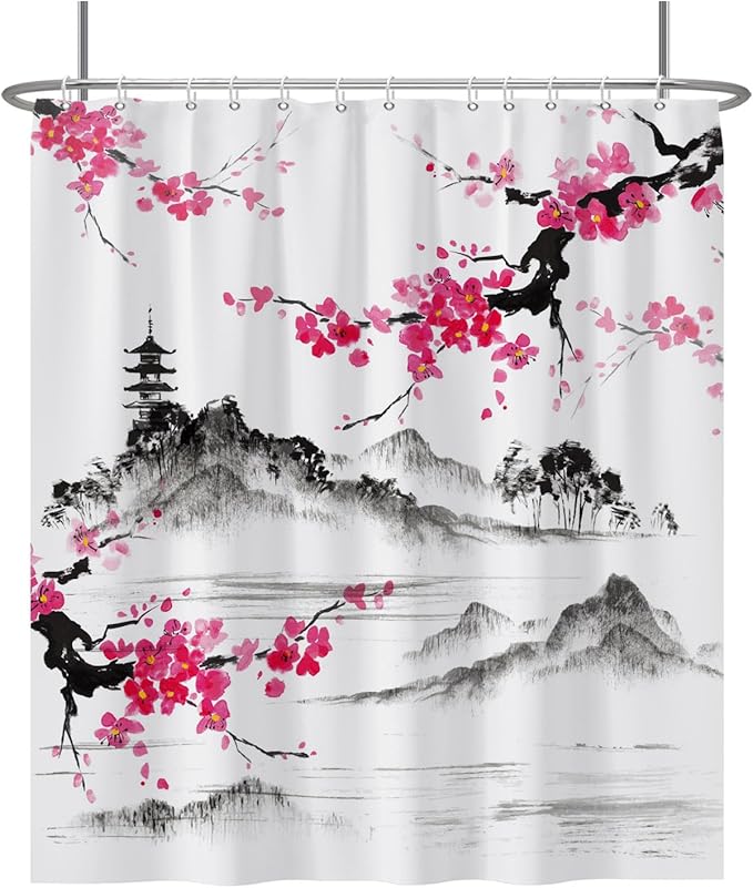 Baocicco Plum Blossom Shower Curtain Pink Cherry Blossom Floral Misty Mountains Shower Curtains Decorative for Bathroom Waterproof Fabric Shower Curtain with Hooks 72x78 Inches