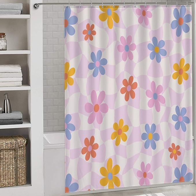Groovy 70s Shower Curtain, Retro Hippie Pink 70s Floral Flower Hippie Cute Wave Swirl Aesthetic Funky Trippy Vintage Waterproof Fabric Bathroom Shower Curtain Set with Hooks, 72"x78"