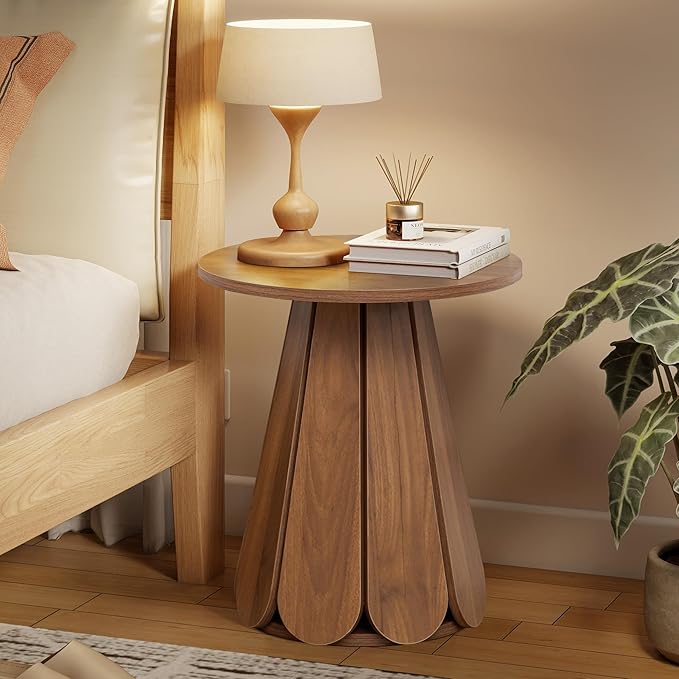 Round End Table Nightstand Set of 2, Mid Century Modern Side Table, Circle Bedside Tables Wood Night Stands for Bedroom, Living Room, Small Space, Walnut