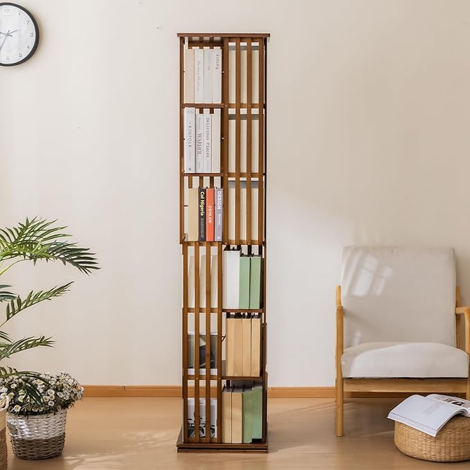 Bamboo Rotating Bookshelf Tower, 360° Spinning Bookcase, 6-Tier Narrow Floor Standing Storage Rack for Corner, Office, Room (Walnut)