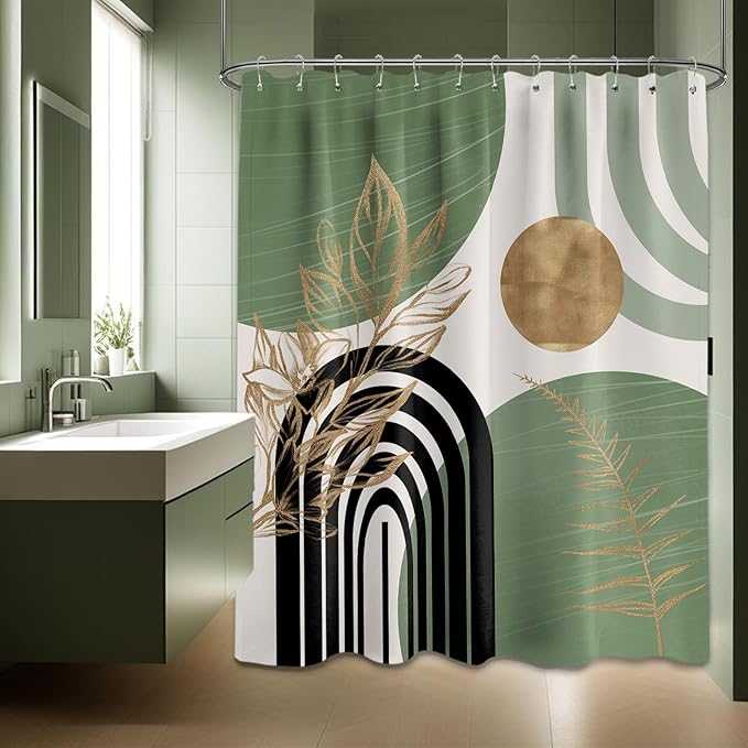 Sage Green Shower Curtain Boho Mid Century White and Light Green and Black Shower Curtains for Bathroom Decor, Waterproof Cloth Fabric with Hooks, 70" W x 84" L