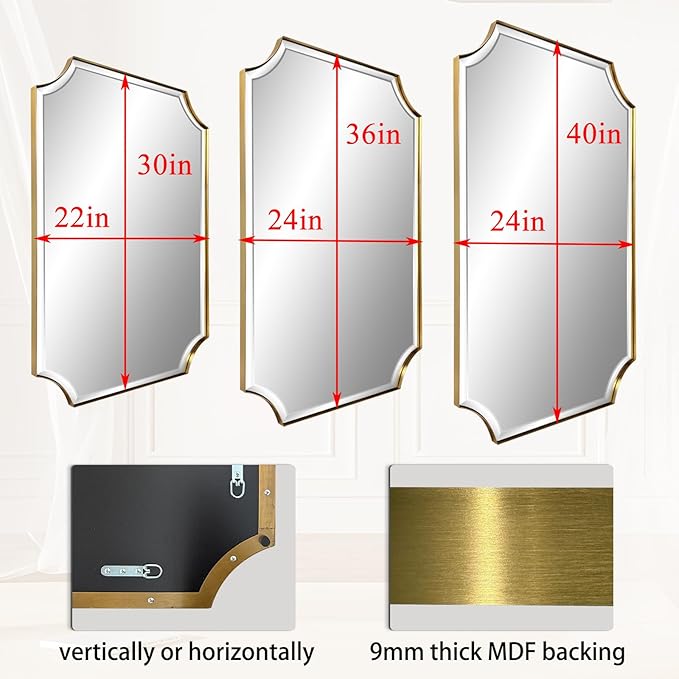 POZINO Brushed Gold Beveled Mirror, 24"x40" Modern Brass Bathroom Mirrors in Stainless Steel Frame, Rounded Rectangle Mirror for Vanity Bathroom Bedroom Living Room Fireplace Entryway
