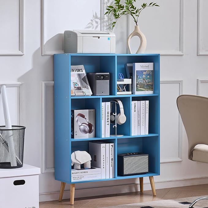 LEYAOYAO Cube Bookshelf 3 Tier Mid-Century Blue Modern Bookcase with Legs,Retro Wood Bookshelves Storage Organizer Shelf,Freestanding Open Book Shelves for Bedroom,Living Room,Office