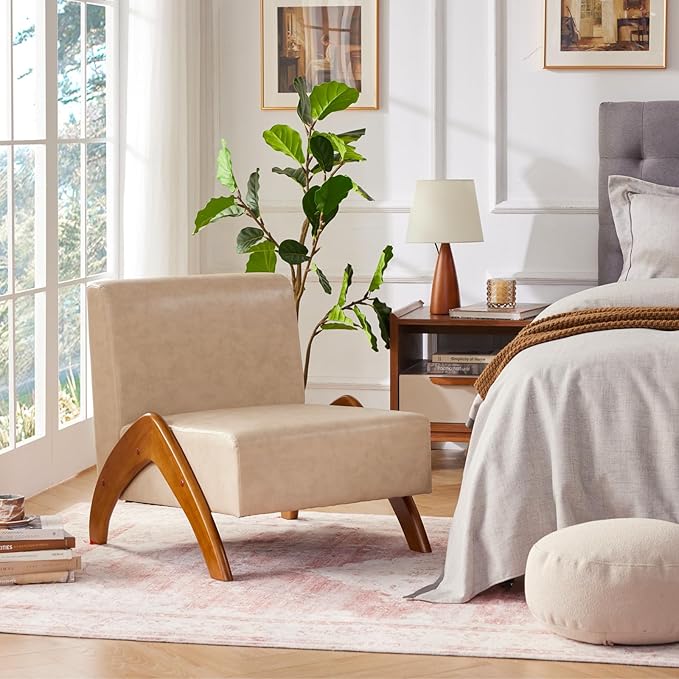 Oversized Accent Chair, upholstered armless mid Century Modern Living Room Chair with Wooden Legs for Bedroom/Office/Cafe, Faux Leather Ivory