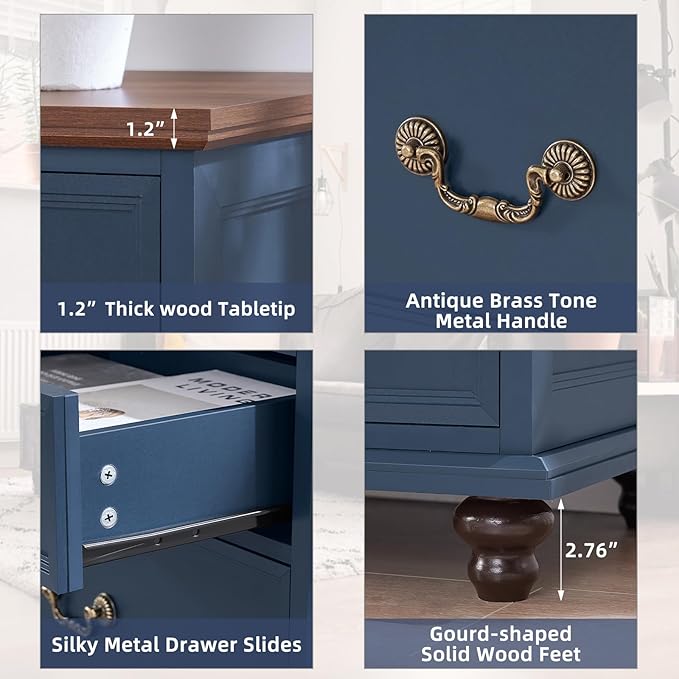 Farmhouse 7 Drawers Dresser for Bedroom, Navy Blue 54 Inch Wide Chest of Drawers w/ 4 Wooden Legs, Vintage Rustic Closet Dressers for Living Room, Large Wood TV Stand with Storage Organizer