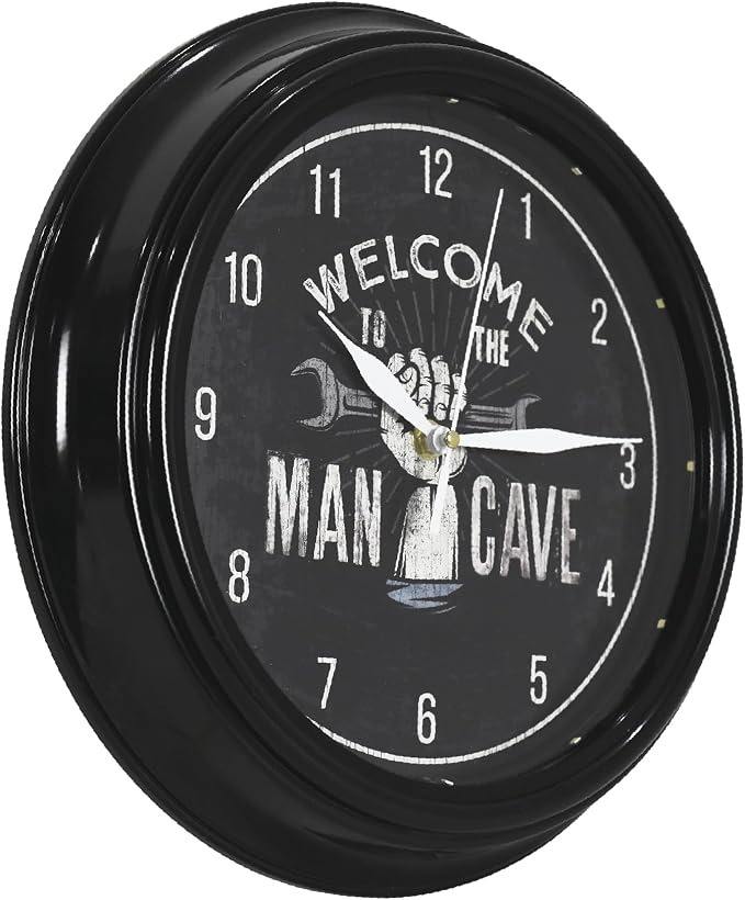 American Art Decor Welcome to The Man Cave LED Clock - 12" Wall Mounted Modern Mechanic Wall Decor - Wall Clock for Living Room, Dorm, Mancave, Garage, Office, Game Room (Black/White)