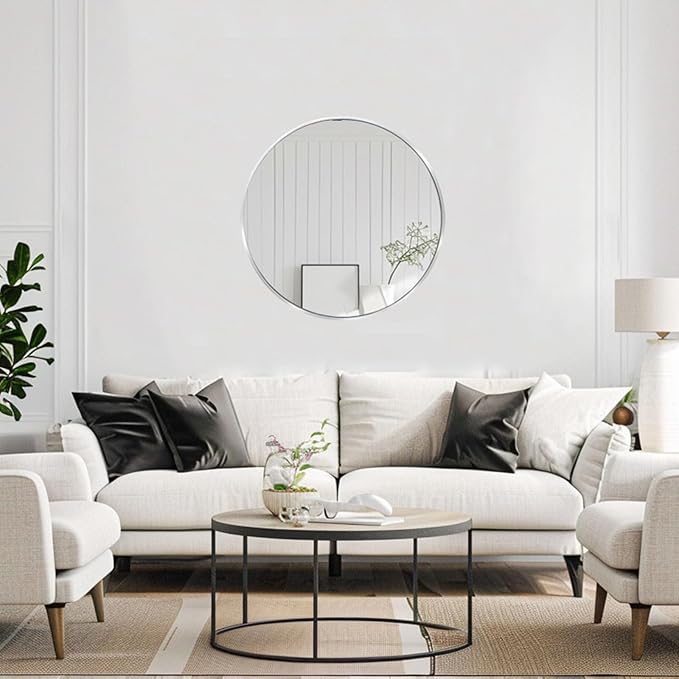Silver Circle Mirror, Round Mirror 20 inch, Round Wall Mirrors Metal Frame, Circle Mirrors for Bathroom, Living Room, Hallway, Vanity, Over Sink