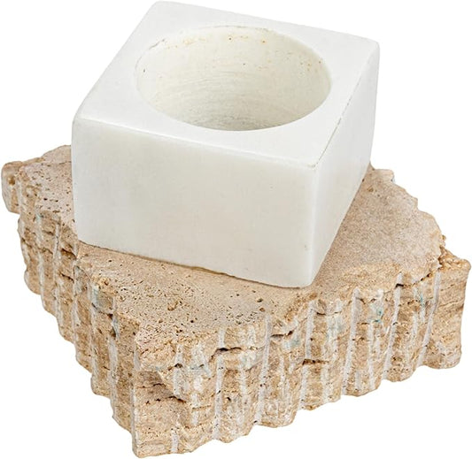 Bloomingville Decorative Marble and Travertine Candle Holder, White and Natural
