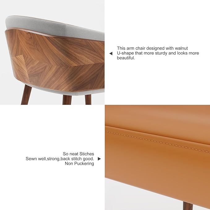 ARTPLAN Modern Upholsted Accent Dining Chairs,Mid-Century Faux Leather with Walnut for Kitchen,Office Waiting Room Arm Sitting Chair, Beech Legs Dissassembly Adjustable Feet,Dark Orange