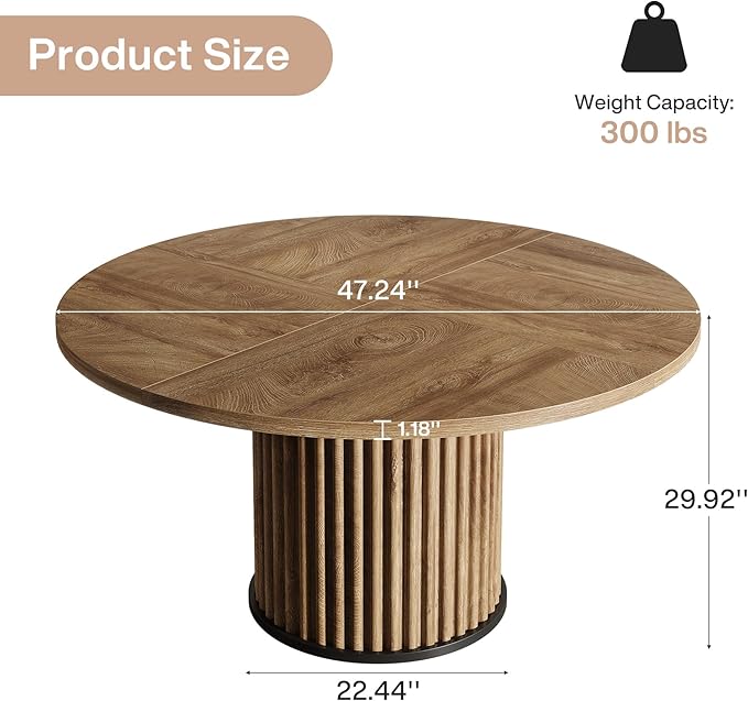 Tribesigns 47.24-Inch Brown Round Dining Table for 4-6 People, Modern Fluted MDF + Metal Base Kitchen Table, Sturdy Circle Dining Room Furniture, Brown
