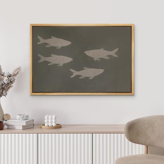 MUDECOR Framed Canvas Print Wall Art Abstract Minimalist Fish Line Illustrations Minimalism Decorative Bohemian Colorful Zen for Living Room, Bedroom, Office - 24"x36" NATURAL